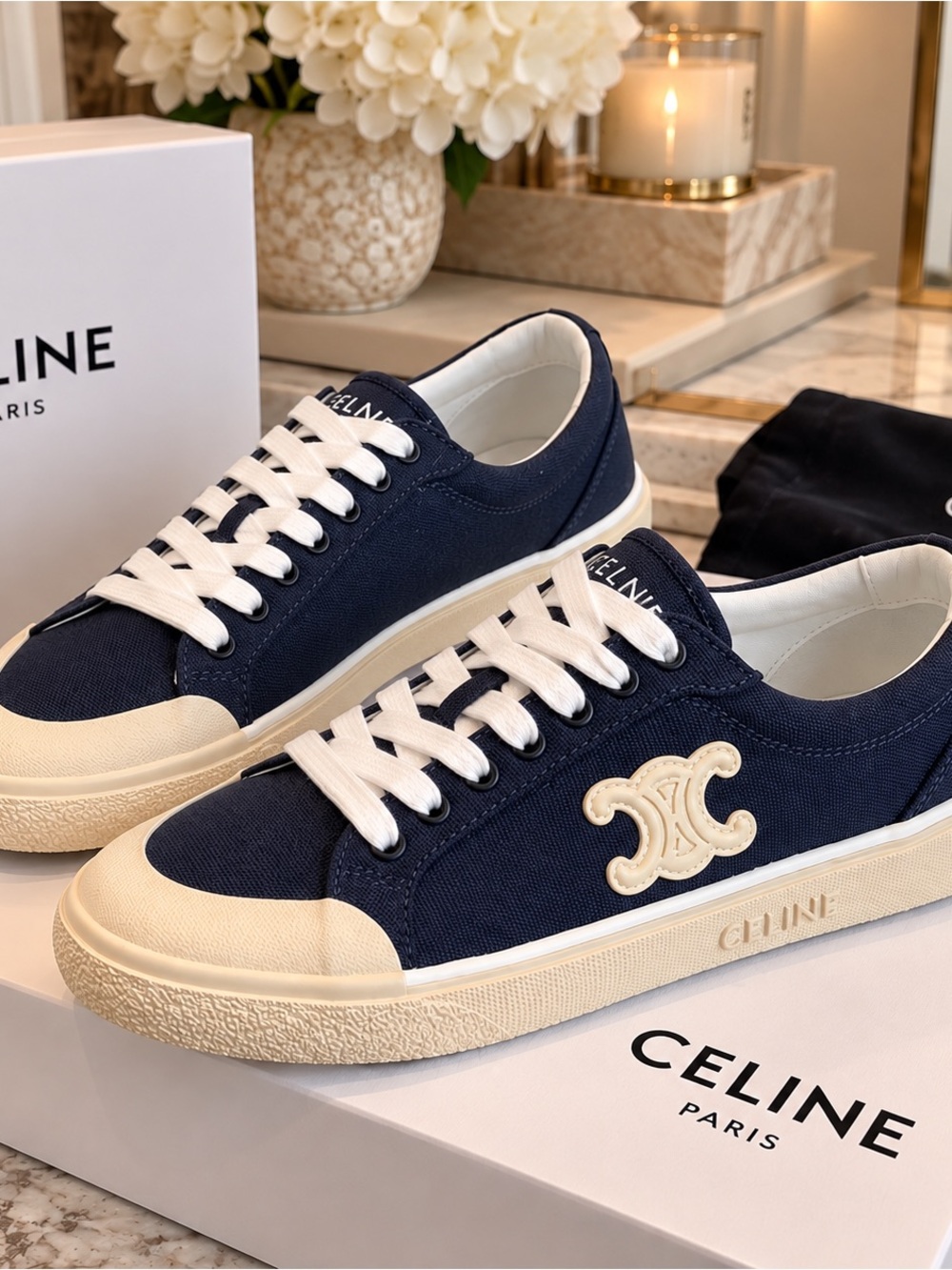 Navy Canvas Low-Top Sneakers with Cream Trim